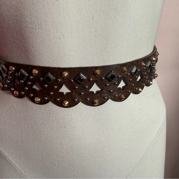 Etro Milano Brown Leather Metal Studded bikercore belt size 31 to 33